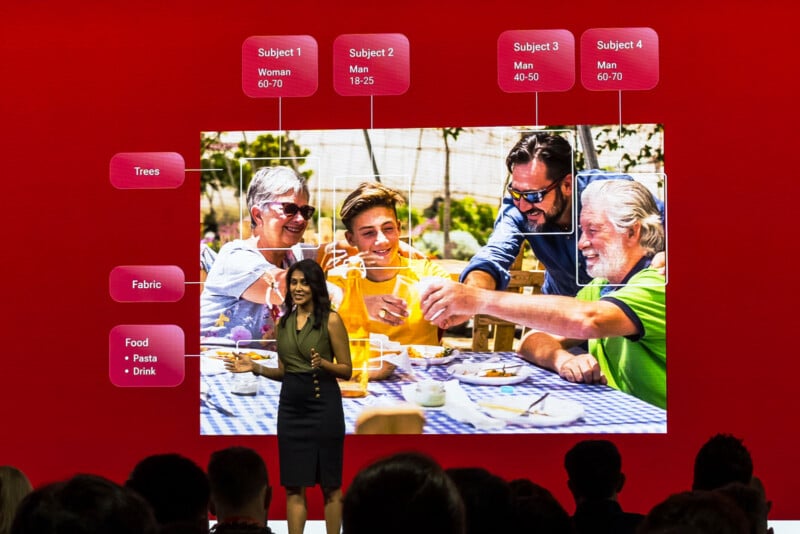 A woman stands in front of a large screen displaying a photo of four people at a table, with digital overlays identifying the subjects' demographics and labeling elements like food, fabric, and trees.