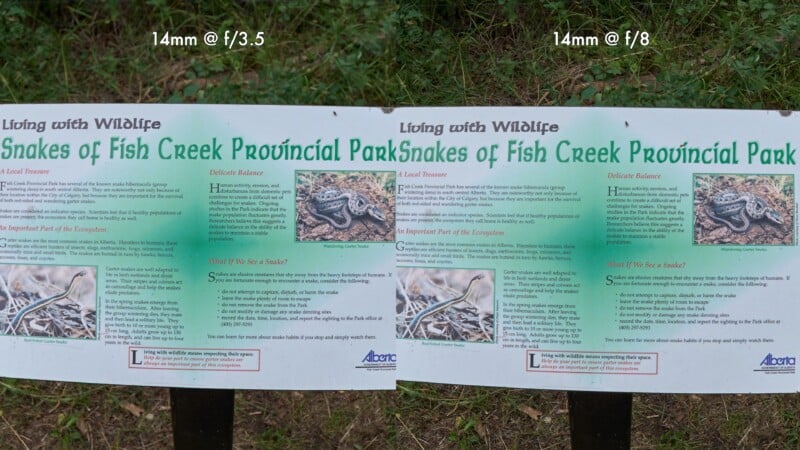 A side-by-side comparison of a sign titled "Living with Wildlife: Snakes of Fish Creek Provincial Park" at two apertures.