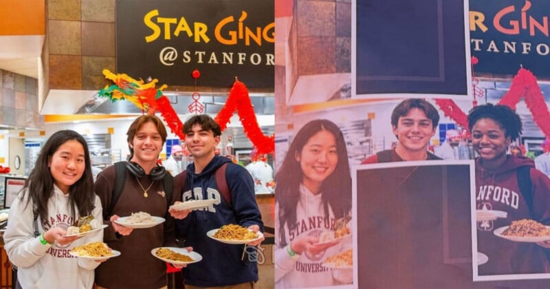 Three students holding plates of food stand in front of a Star Ginger sign, next to a display showing printed photos of students at the same location.