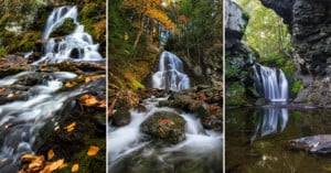 A triptych showing three different waterfalls cascading over rocks in a forest setting with autumn leaves.