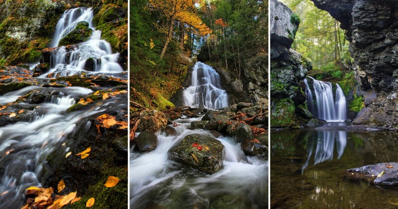 A triptych showing three different waterfalls cascading over rocks in a forest setting with autumn leaves.