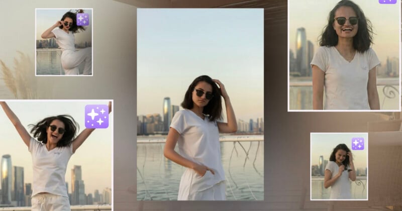 A collage of five photos featuring a woman with dark hair wearing a white t-shirt and sunglasses against a city skyline.