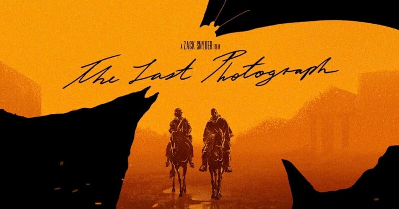 Two people on horseback ride through a desolate, orange-hued landscape under the title "The Last Photograph" by Zack Snyder.