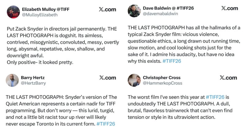 A grid of four social media posts from X.com criticizing a film titled The Last Photograph at the TIFF26 film festival.