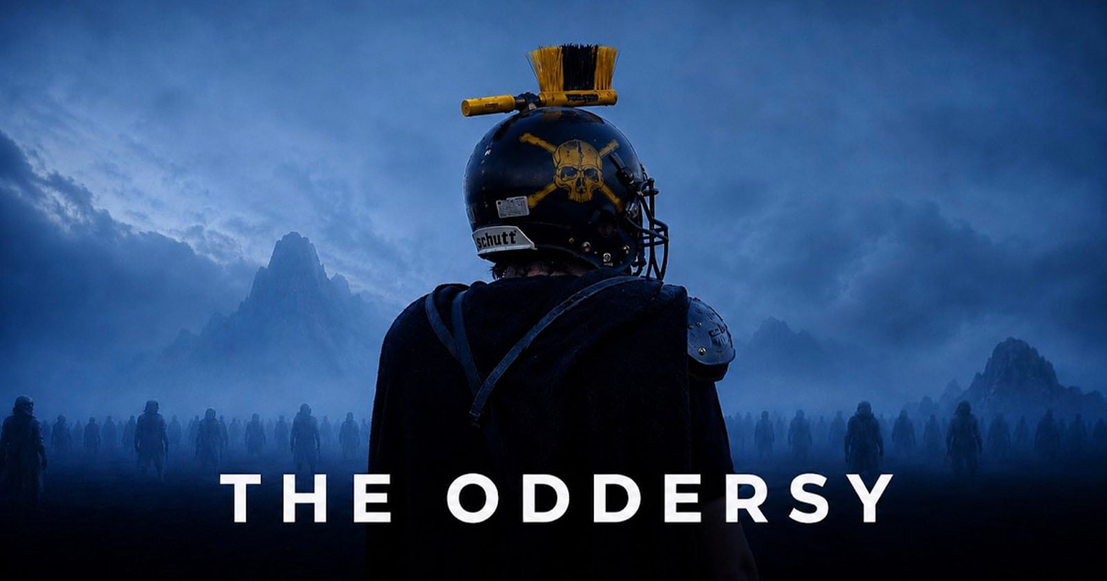 A person wearing a football helmet with a scrub brush attached to the top stands before a large, misty army of silhouettes.