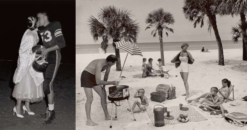 A split-screen composition showing a couple kissing in football gear on the left and a family having a beach picnic on the right.