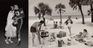 A split-screen composition showing a couple kissing in football gear on the left and a family having a beach picnic on the right.