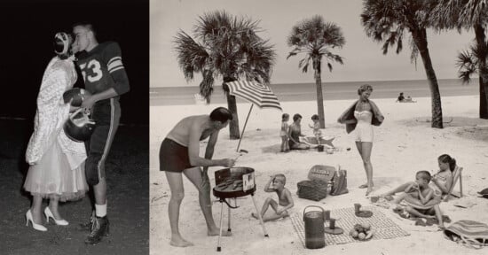 A split-screen composition showing a couple kissing in football gear on the left and a family having a beach picnic on the right.