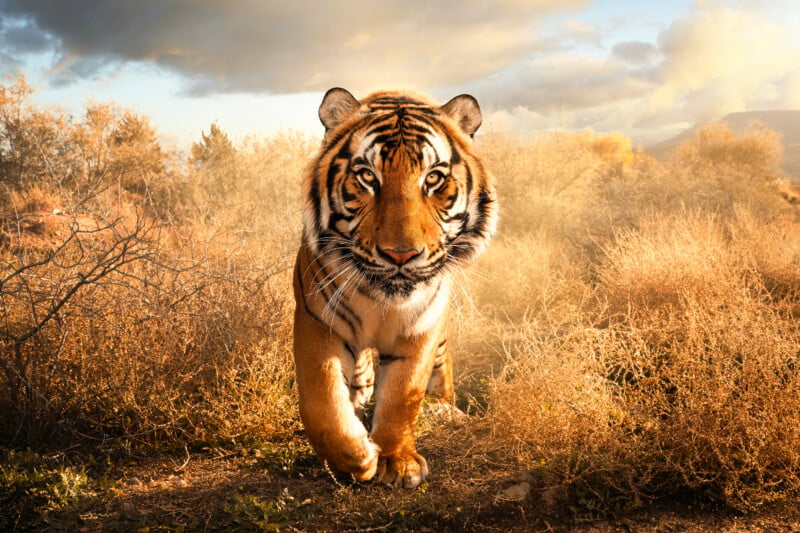 A tiger walks forward through dry, golden-brown brush under a cloudy, sunlit sky.