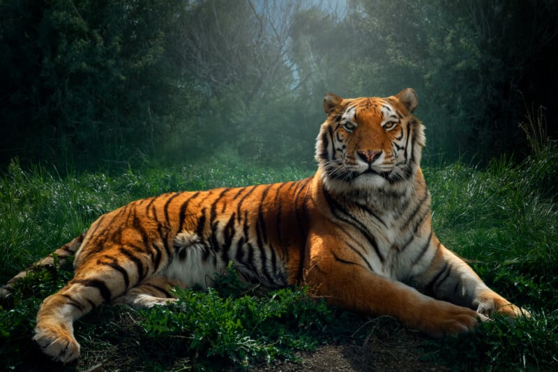 A tiger lies resting in a grassy clearing in front of a dark, misty forest.