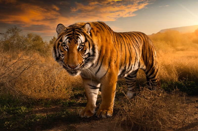 A tiger stands in a dry, grassy field during a golden sunset.