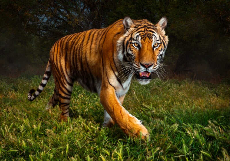 A tiger walks through tall green grass toward the camera with its mouth slightly open.