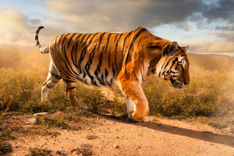 A tiger walks across a dusty, golden-hued field under a cloudy sky.
