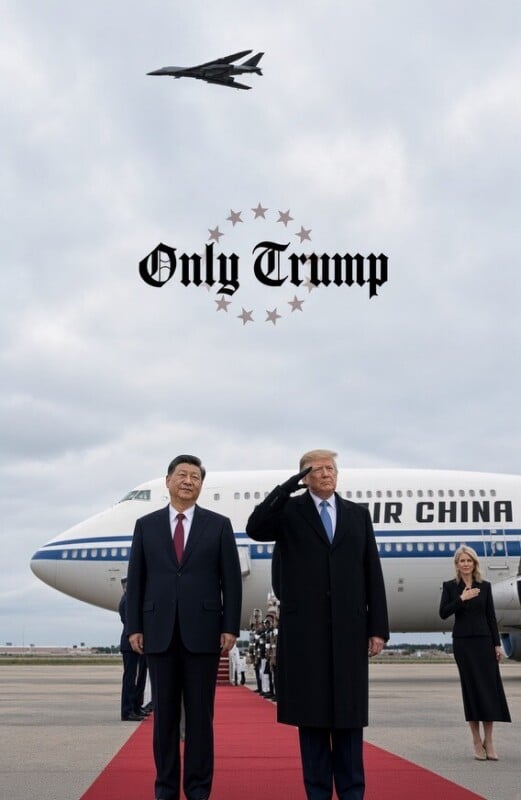 Xi Jinping and Donald Trump stand on a red carpet in front of an Air China plane, with Trump saluting and a military jet flying overhead.