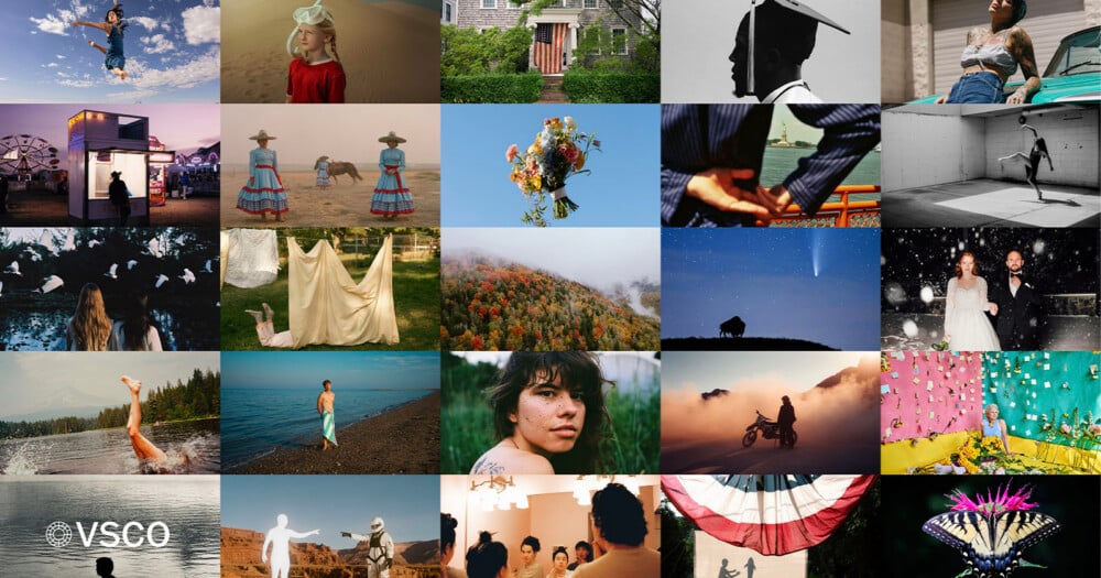 A grid of 25 diverse photographs featuring people, landscapes, nature, and artistic compositions, with a VSCO logo in the bottom left corner.
