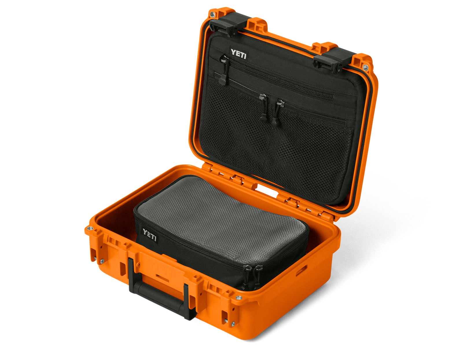 An open, bright orange YETI hard-shell equipment case with a black interior organizer panel and a black zippered storage pouch inside.