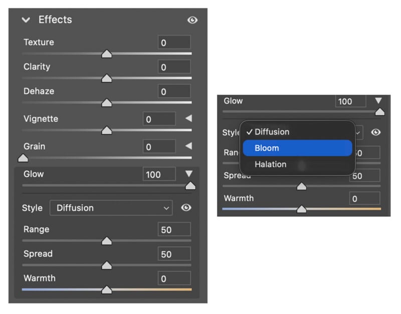 A digital interface showing an Effects panel with sliders for texture, clarity, dehaze, vignette, grain, and glow, alongside a dropdown menu for glow styles including Diffusion, Bloom, and Halation.