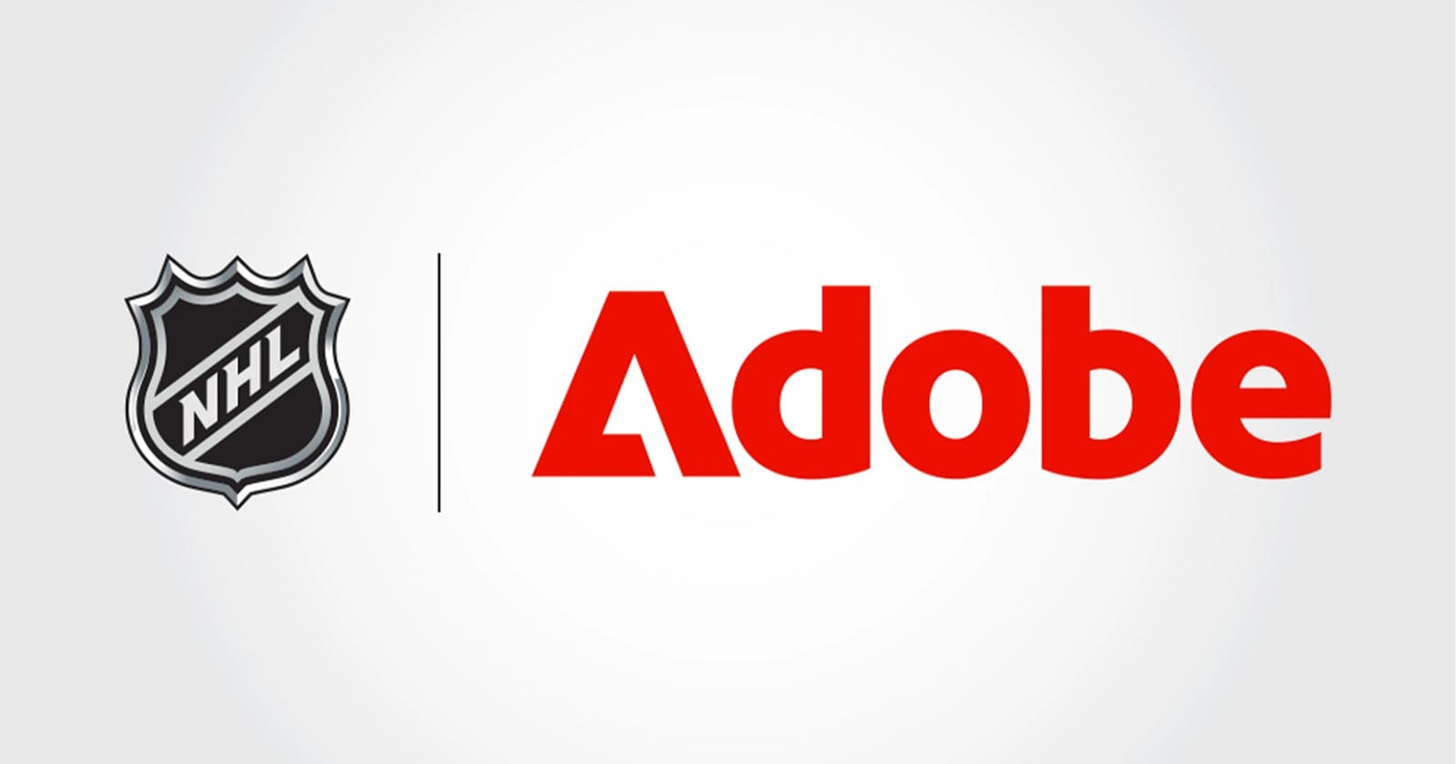 The NHL logo is positioned to the left of the red Adobe logo, separated by a thin vertical black line on a light gray background.