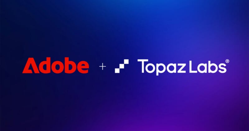The Adobe logo and the Topaz Labs logo are separated by a plus sign against a blue and purple gradient background.