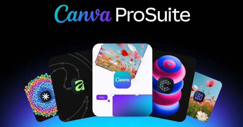 The text "Canva ProSuite" appears above five colorful, overlapping rectangular cards displaying various graphic design elements and app icons.