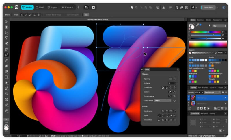 A digital design interface shows a 3D-style graphic of the numbers 5 and 7 with vibrant, blended color gradients, alongside a Blend tool settings panel.