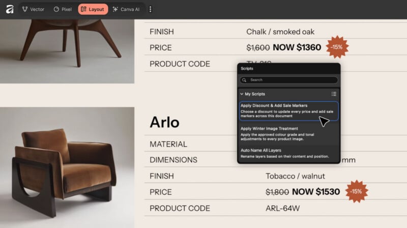 A design software interface displays a product catalog with two furniture items, a price list, and an open "Scripts" menu highlighting an "Apply Discount & Add Sale Markers" option.