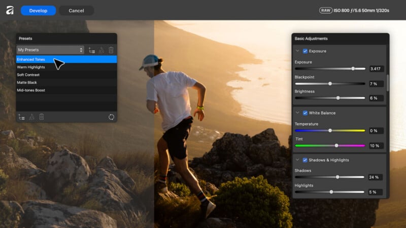 A photo editing interface displays a runner on a rocky hillside with a "Presets" menu on the left and "Basic Adjustments" sliders on the right.