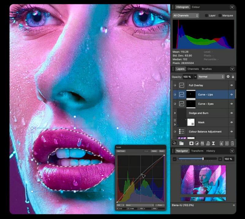 A close-up portrait of a woman with vibrant pink and blue lighting, shown within a digital photo editing interface with layers and a curves adjustment panel visible.