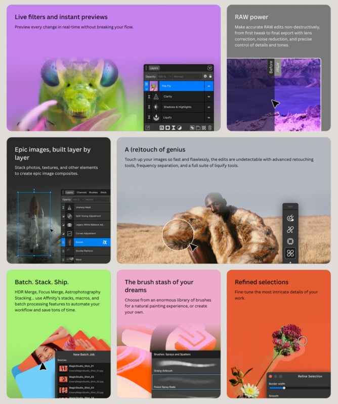A grid of eight panels showcasing various photo editing software features, including layer management, retouching tools, and batch processing.