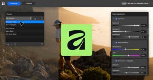 A photo editing interface showing a landscape image of a runner on a rocky trail with a "Presets" menu on the left and "Basic Adjustments" sliders on the right.
