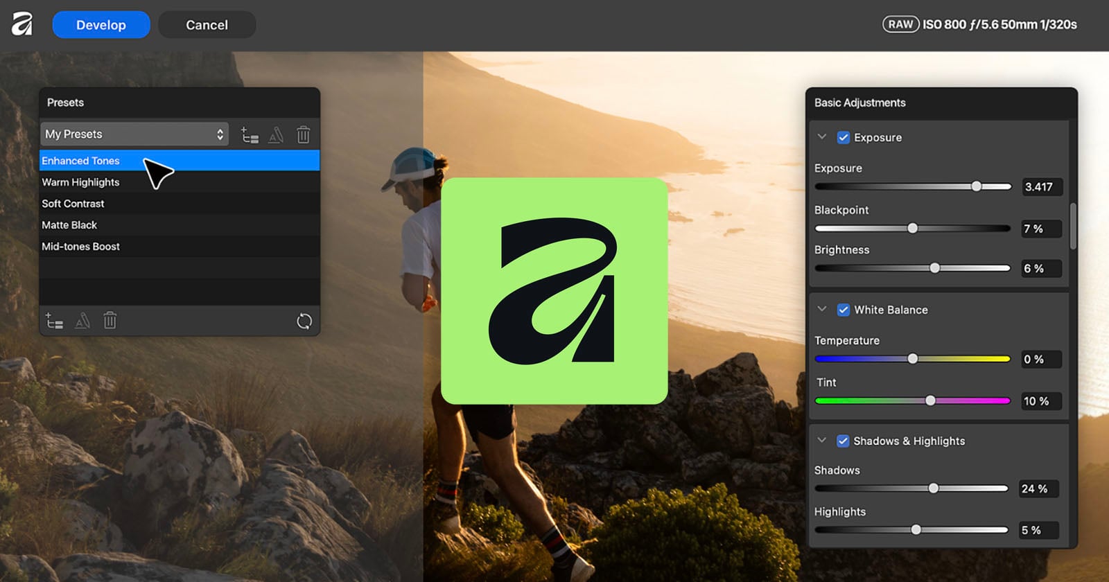 A photo editing interface showing a landscape image of a runner on a rocky trail with a "Presets" menu on the left and "Basic Adjustments" sliders on the right.