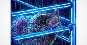 A cybernetic ram with glowing circuit board patterns on its head stands behind a neon blue metal fence against a digital background.