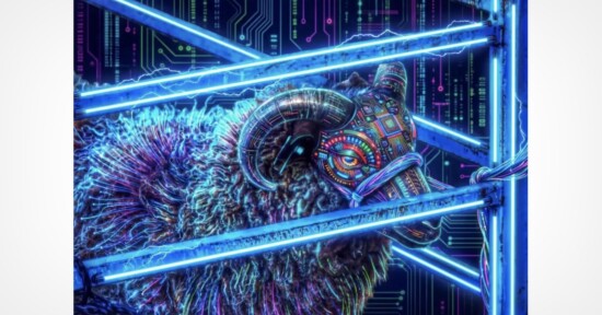 A cybernetic ram with glowing circuit board patterns on its head stands behind a neon blue metal fence against a digital background.