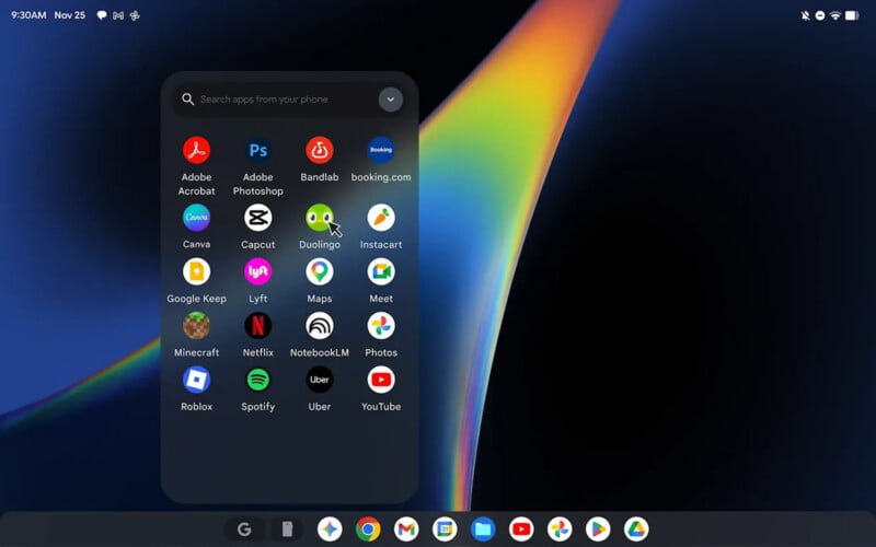 A digital interface showing an app drawer overlay on a desktop background, with a cursor hovering over the Duolingo icon.