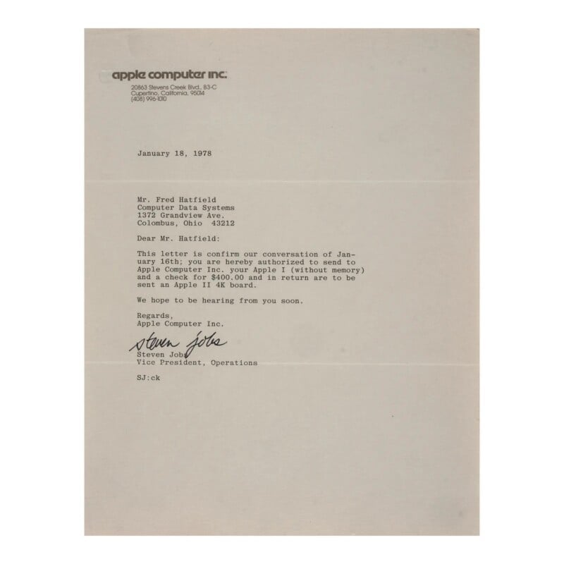 A typed letter on Apple Computer Inc. letterhead dated January 18, 1978, signed by Steven Jobs, authorizing an exchange of an Apple I for an Apple II 4K board.