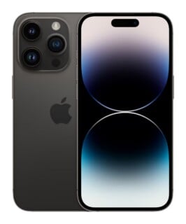 A dark gray smartphone shown from both the front and back, featuring a triple-lens camera array on the rear and a screen with a pill-shaped cutout at the top.