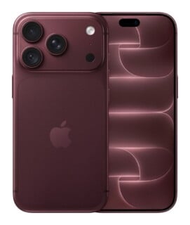 A dark red smartphone shown from the back and front, featuring a triple-lens camera array and a pill-shaped display cutout.
