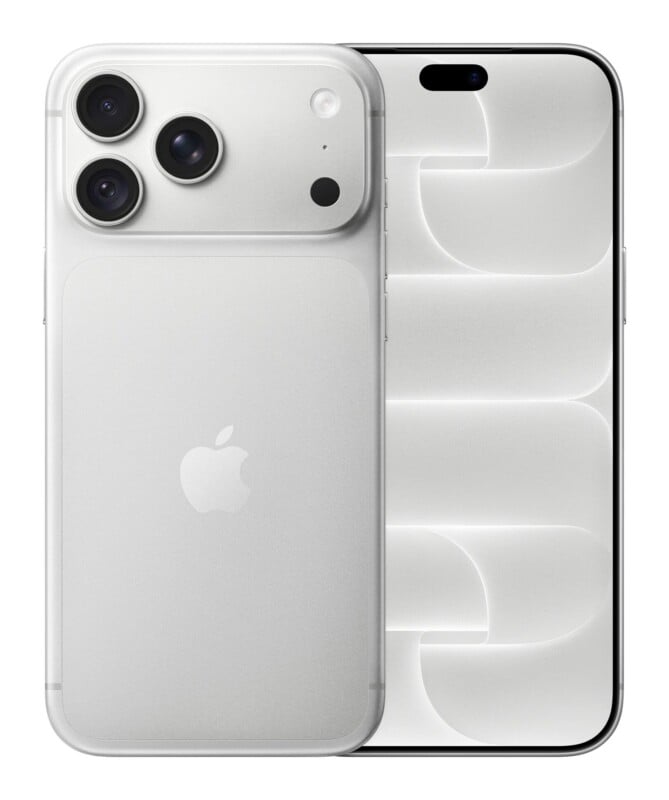 A silver smartphone shown from the back and front, featuring a triple-lens camera module and a screen with a pill-shaped cutout.