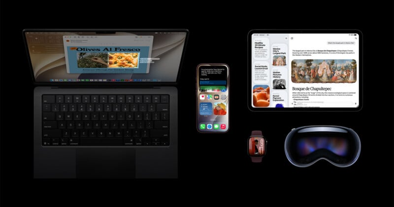 An Apple laptop, smartphone, tablet, smartwatch, and virtual reality headset are arranged against a black background.