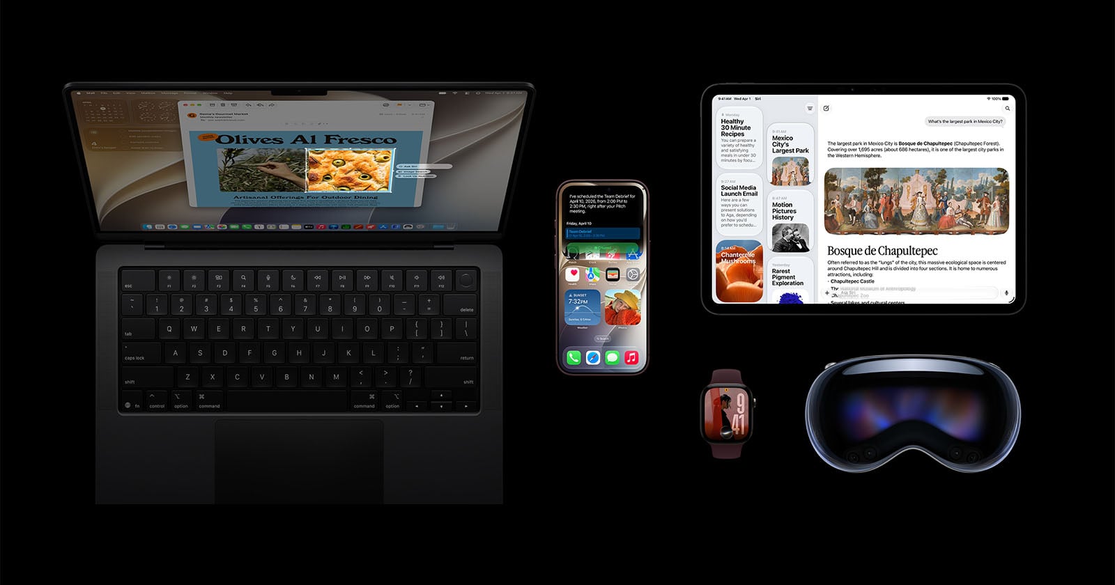 An Apple laptop, smartphone, tablet, smartwatch, and virtual reality headset are arranged against a black background.