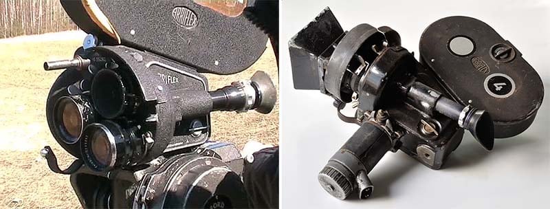 Two side-by-side views of vintage Arriflex motion picture cameras, one shown in an outdoor setting and the other on a white background.