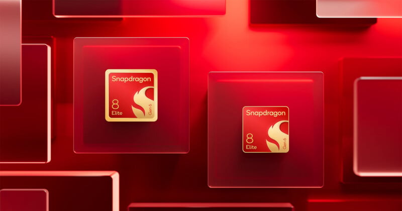 两个金色的Snapdragon 8 Elite处理器图标位于红色背景下的红色透明分层方块的中心。