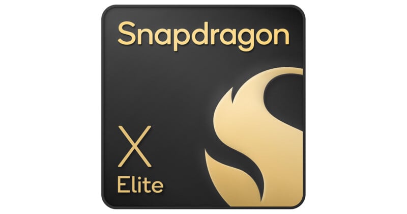 A square logo with a black background featuring the gold text "Snapdragon" at the top, a large "X" above the word "Elite" on the left, and a stylized gold flame icon on the right.