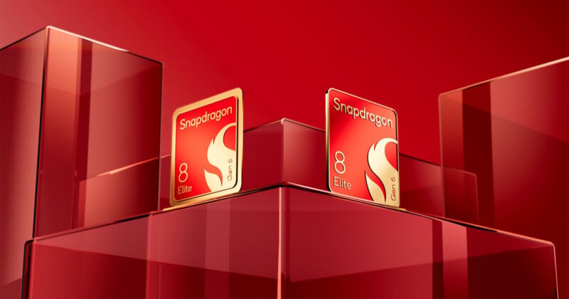 两张矩形 Snapdragon 8 Elite Gen 6 卡立于匹配红色背景的透明红色玻璃块之上。