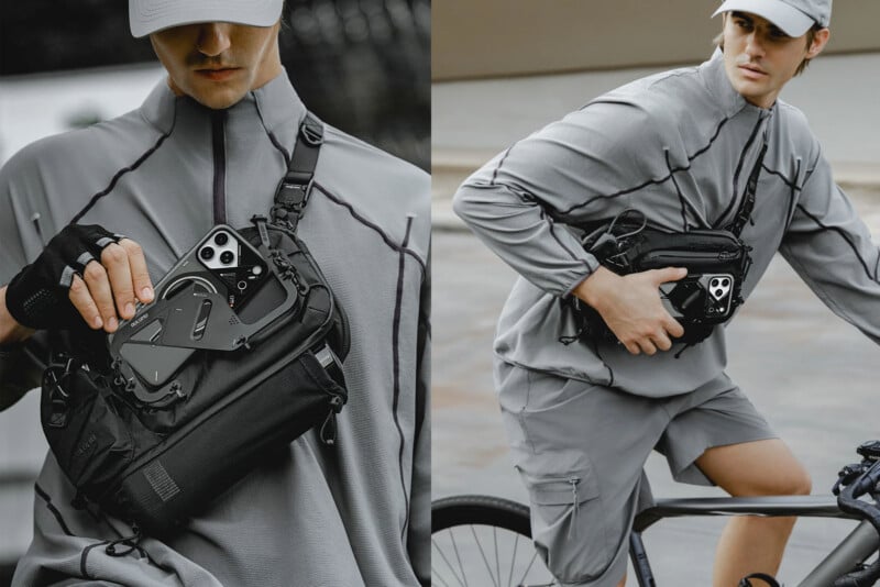 A split-screen view shows a man wearing a grey athletic outfit and a black chest bag, with one side showing him placing a smartphone into a specialized mount on the bag and the other showing him riding a bicycle.