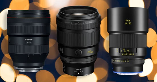 Three camera lenses are arranged side-by-side against a background of blurred golden bokeh lights.