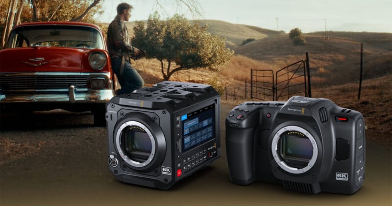 Two Blackmagic Design 6K cinema cameras sit in the foreground against a backdrop of a man leaning against a vintage red car.