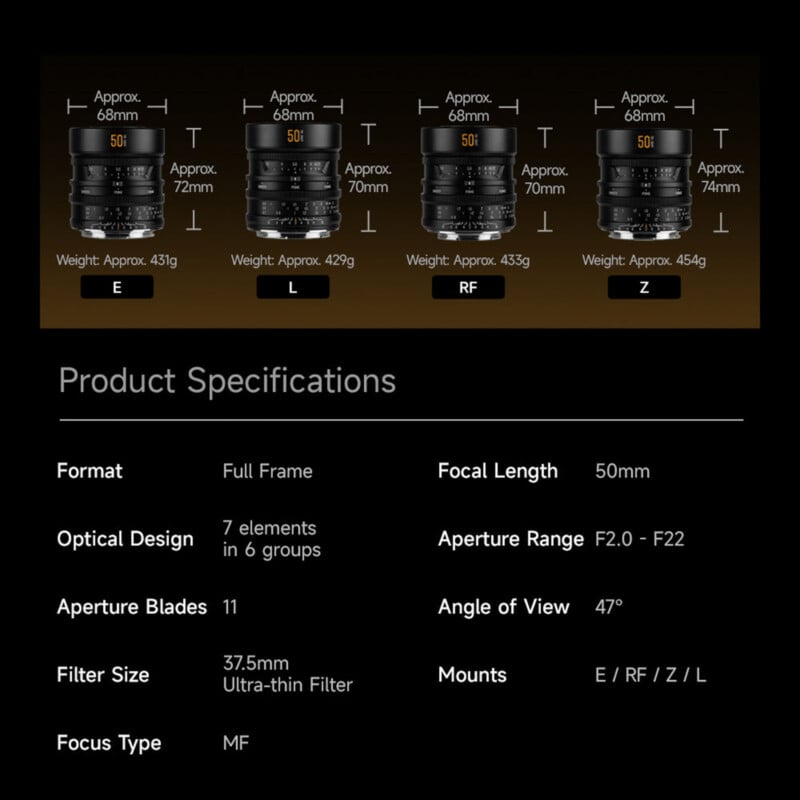 A product specification chart for a 50mm manual focus lens, showing dimensions and weights for E, L, RF, and Z mounts.