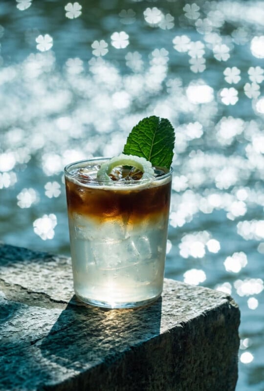 A glass of iced coffee with a clear liquid base, garnished with a mint leaf and a slice of cucumber, sits on a stone ledge.