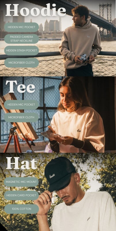 A three-panel graphic showcasing apparel: a hoodie with four features, a t-shirt with two features, and a hat with three features.